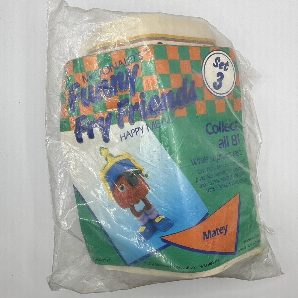 1989 McDonald’s Funny Fry Friends Happy Meal Toy Figure Matey Set 3 SEALED - Picture 3 of 13